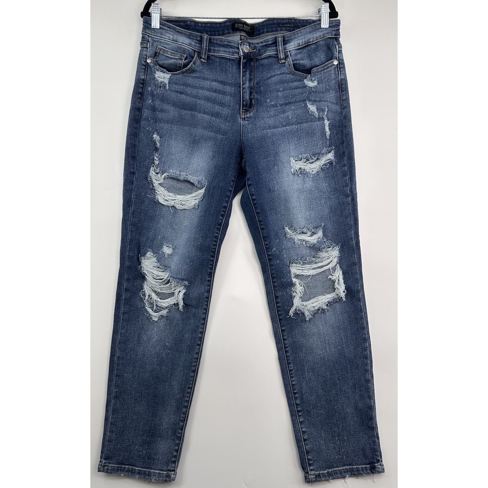 Judy Blue Womens Boyfriend Fit Distressed Jeans 15/32 Blue Comfort Stretch